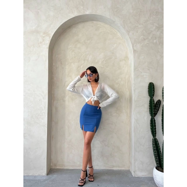 Çift yırtmaçlı etek indigo s25910