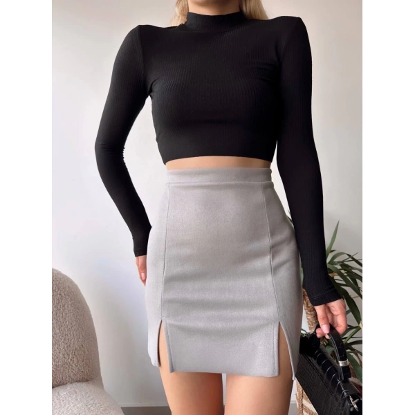 Çift yurtmaçlı süet etek gri s241002