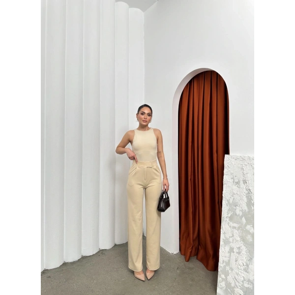Cırtlı pantolon krep bej pt