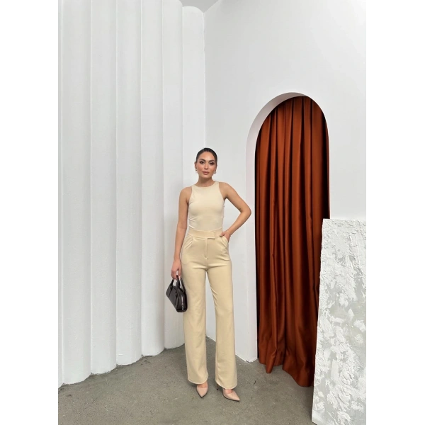 Cırtlı pantolon krep bej pt