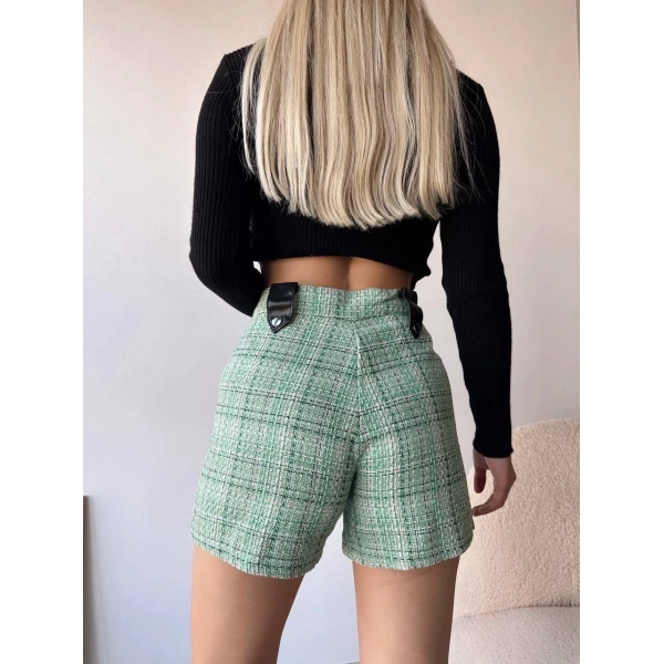 Çıtçıtlı siyah köprü tüvit şort yeşil