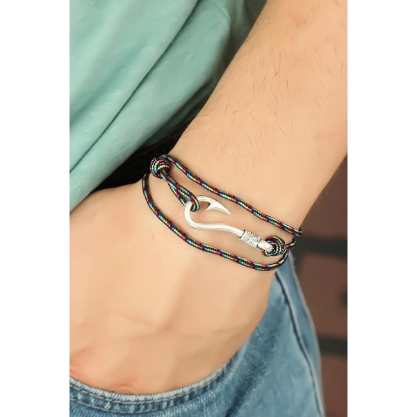 Çizgi Desenli Metal Kancalı Erkek Bileklik