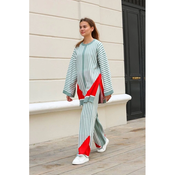 Çizgili bisiklet yaka triko takım Mint