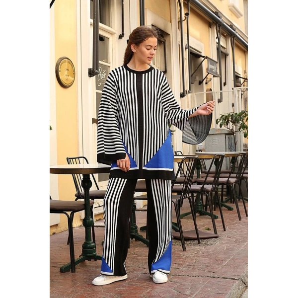 Çizgili bisiklet yaka triko takım siyah