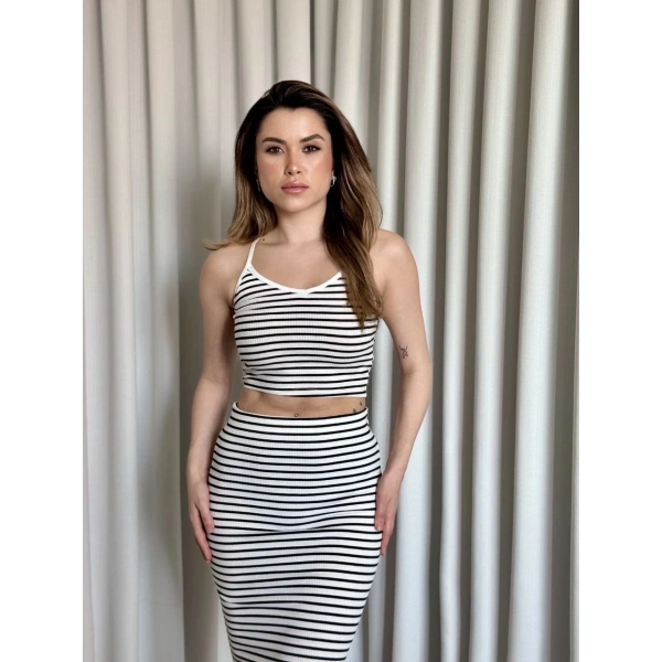 Çizgili etek crop takım