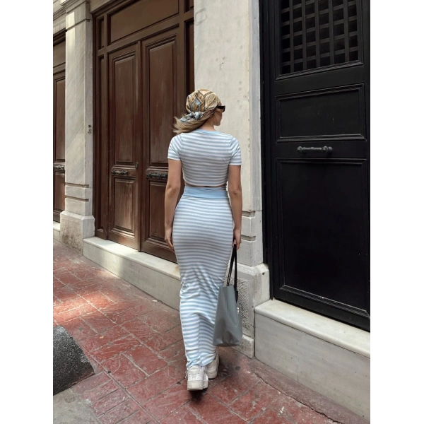 Çizgili etekli takım mavi s3609