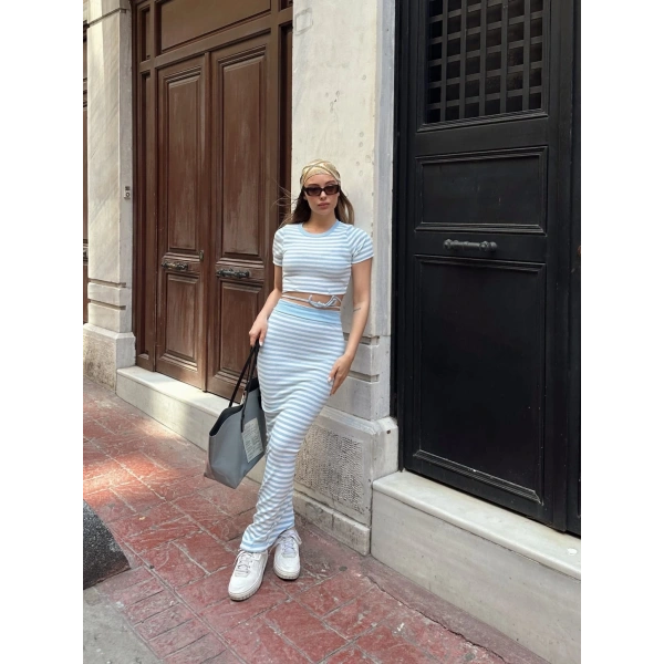 Çizgili etekli takım mavi s3609