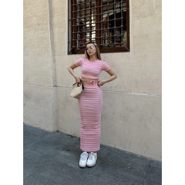 Çizgili etekli takım pembe s3609