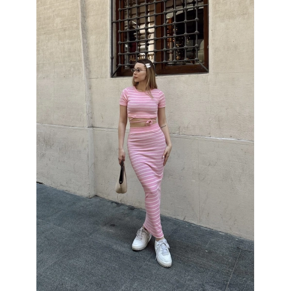 Çizgili etekli takım pembe s3609