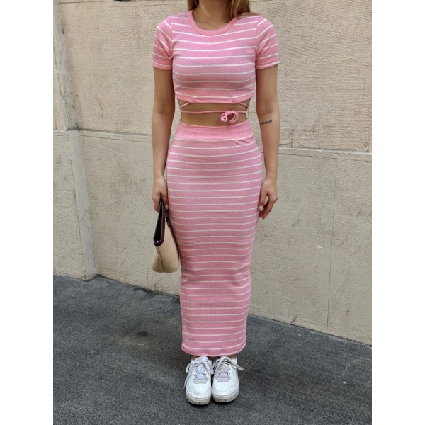 Çizgili etekli takım pembe s3609