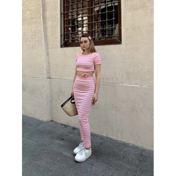 Çizgili etekli takım pembe s3609