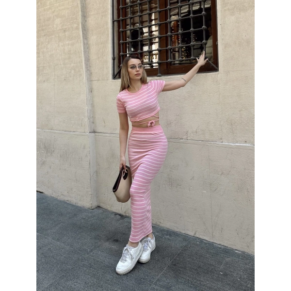 Çizgili etekli takım pembe s3609