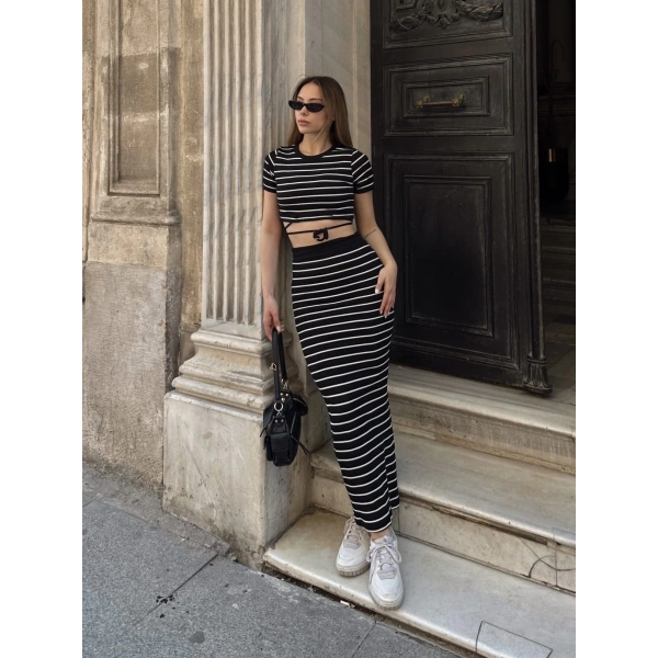 Çizgili etekli takım siyah s3609
