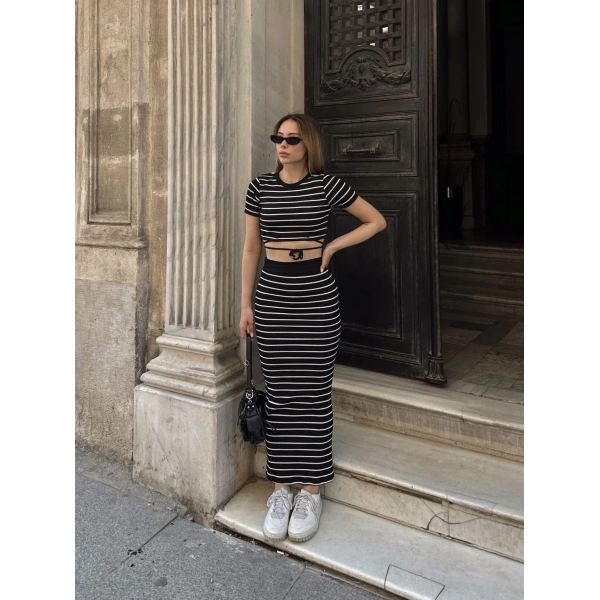 Çizgili etekli takım siyah s3609