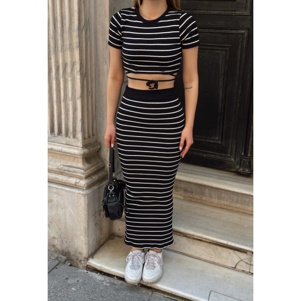 Çizgili etekli takım siyah s3609