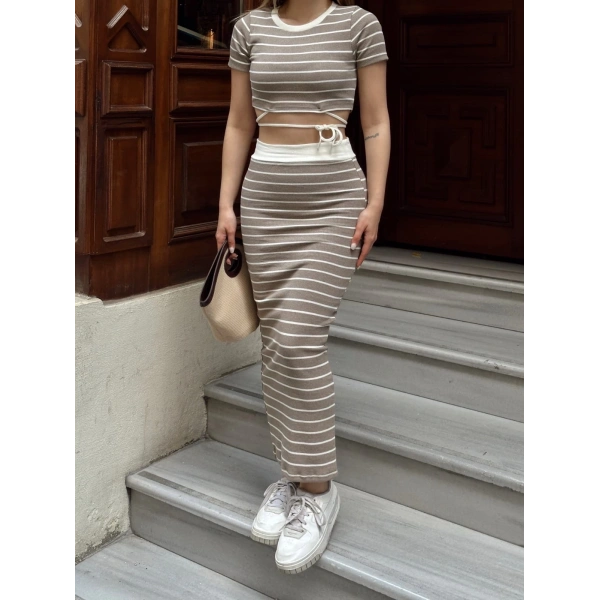 Çizgili etekli takım vizon s3609