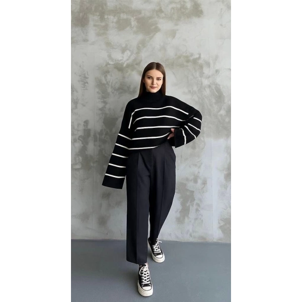 Çizgili ispanyol kol triko boğazlı kazak siyah elf