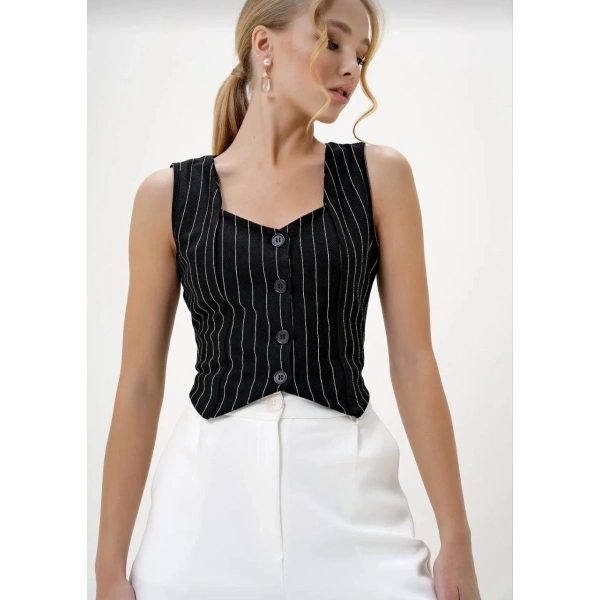 Çizgili krep düğmeli yelek siyah s3395