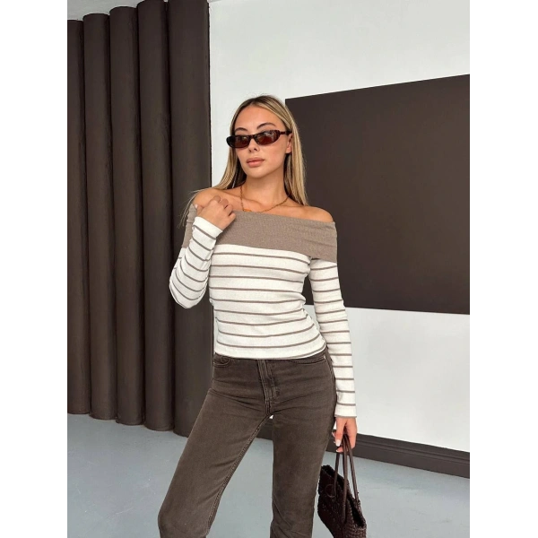 Çizgili madonna yaka kaşkorse bluz bej a844