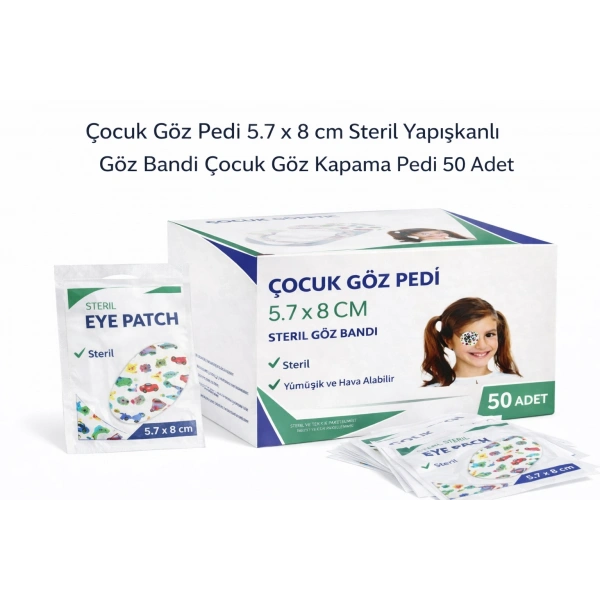 Çocuk Göz Pedi 5.7 x 8 cm Steril Yapışkanlı Göz Bandı Çocuk Göz Kapama Pedi 50 Adet 1 Kutu