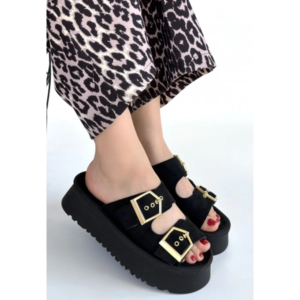 Coer Siyah Süet Çift Tokalı Terlik