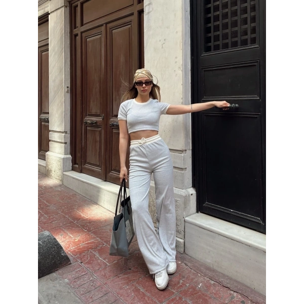 Crop pantolon biyeli takım gri
