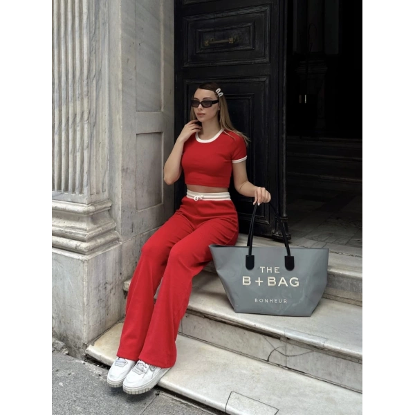 Crop pantolon biyeli takım kırmızı