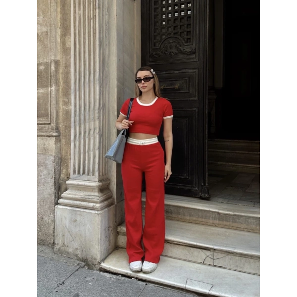 Crop pantolon biyeli takım kırmızı