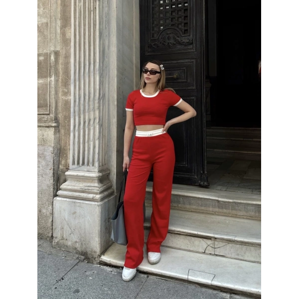 Crop pantolon biyeli takım kırmızı