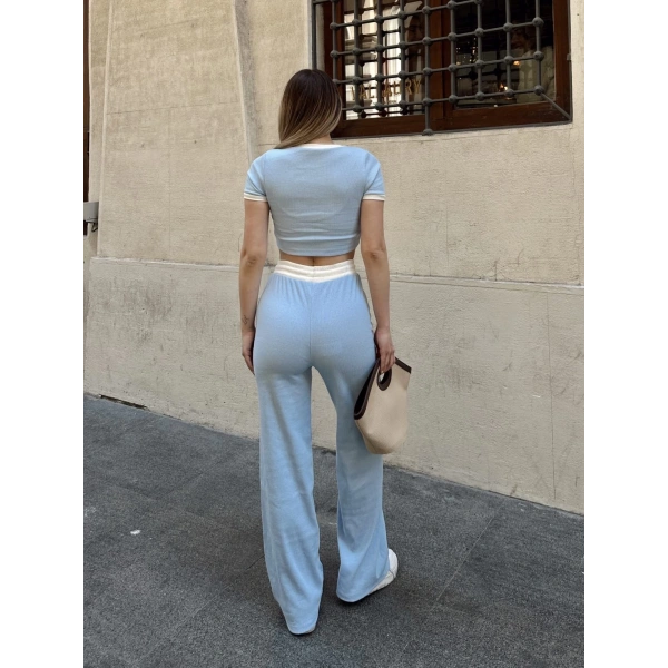 Crop pantolon biyeli takım mavi