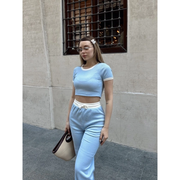 Crop pantolon biyeli takım mavi