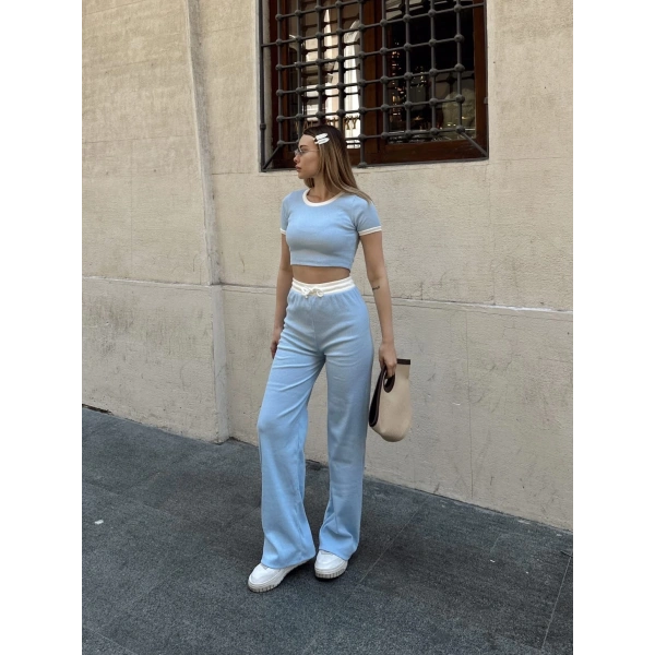Crop pantolon biyeli takım mavi