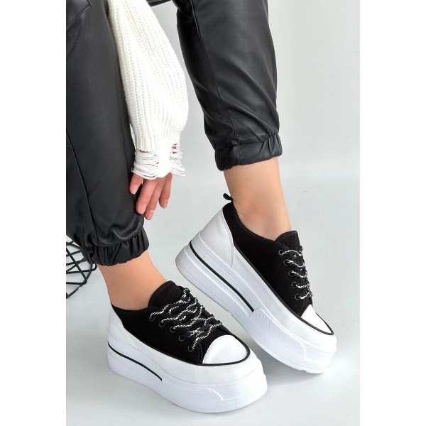 Dalen Siyah Keten Bağcıklı Spor Ayakkabı