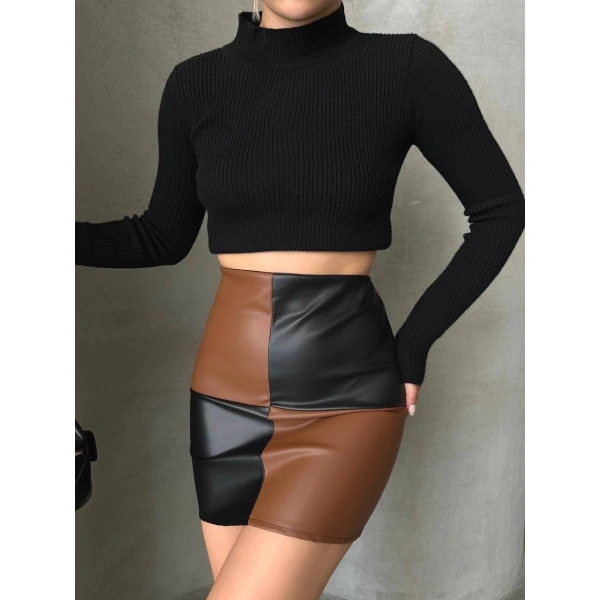 Damalı deri etek siyah kahve w24648