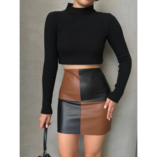 Damalı deri etek siyah kahve w24648