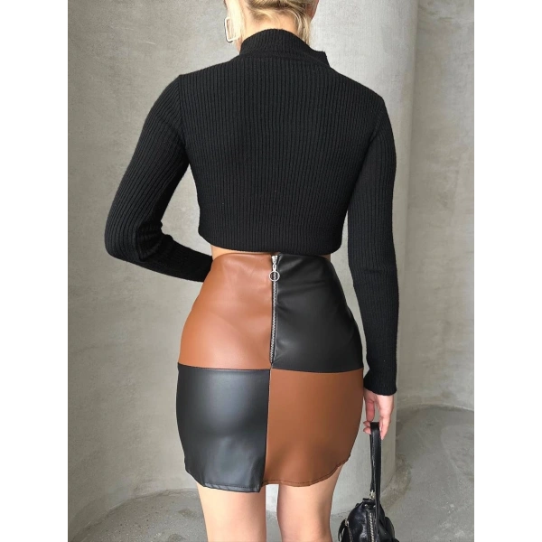 Damalı deri etek siyah kahve w24648