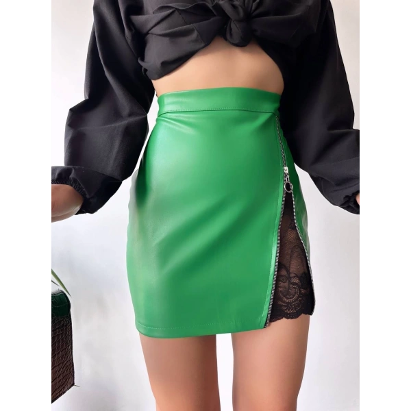 Dantelli fermuarlı deri etek yeşil w24598