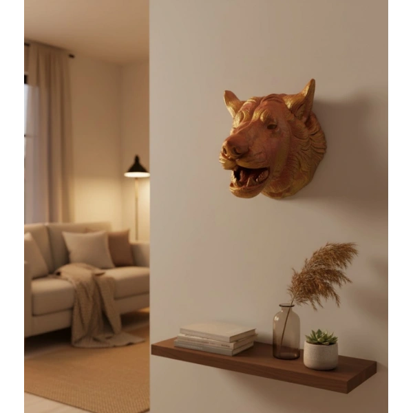 Dekoratif Altın Gold Kurt Duvar Heykeli Asılabilir Hediyelik 25x19 cm