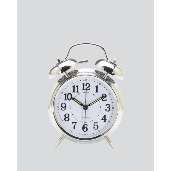 Dekoratif Yuvarlak Gümüş Sessiz Işıklı Masa Üstü Çalar Saat Alarmlı ve Şık Tasarım