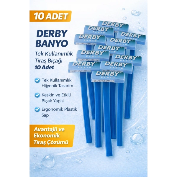 Derby Banyo Tek Kullanımlık Tıraş Bıçağı 10 Adet Plastik Saplı Ekonomik Pratik Tıraş Jileti