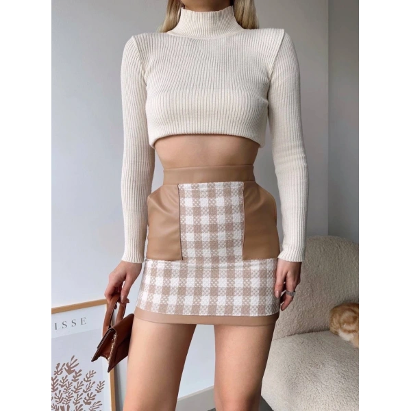 Deri cep garnili kaşe etek bej h24604