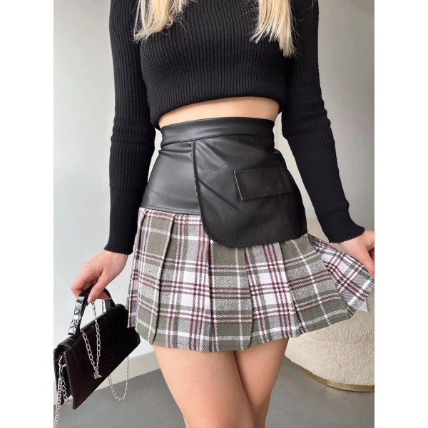 Deri garnili cepli ekose etek siyah s24604