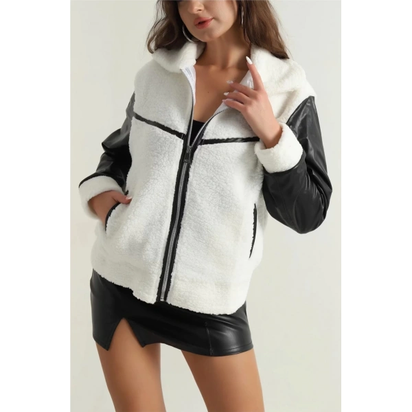 Deri garnili kuzu peluş mont beyaz t1220