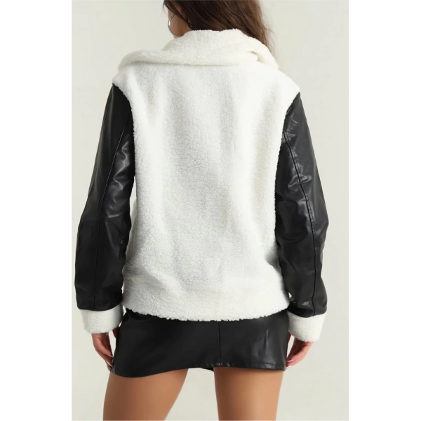 Deri garnili kuzu peluş mont beyaz t1220