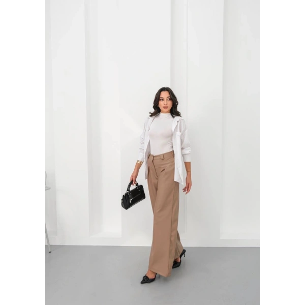 Deri geniş paça beli lastikli pantolon bej h263644