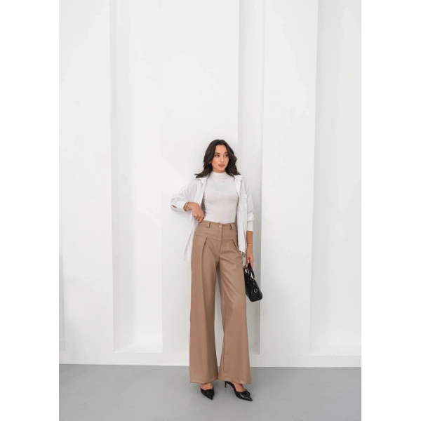 Deri geniş paça beli lastikli pantolon bej h263644