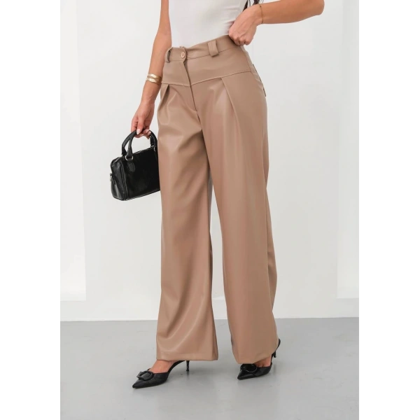 Deri geniş paça beli lastikli pantolon bej h263644