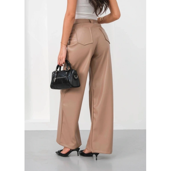 Deri geniş paça beli lastikli pantolon bej h263644