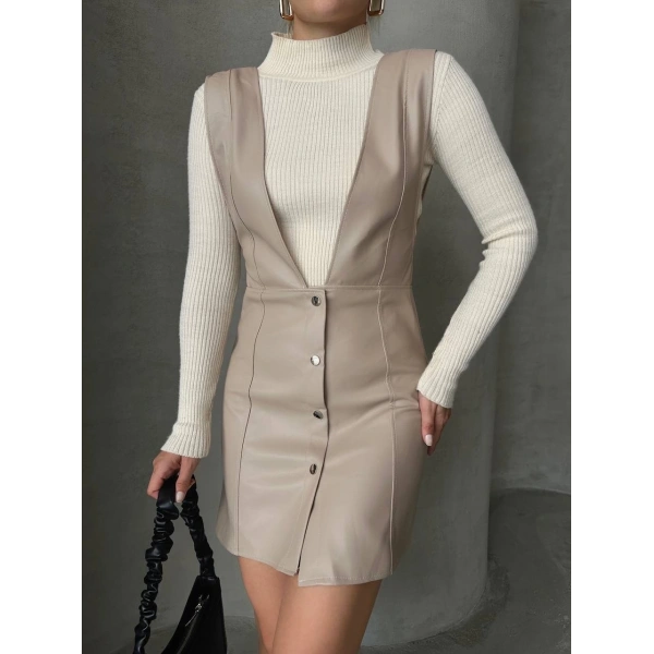 Deri jile elbise bej w24796