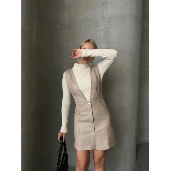 Deri jile elbise bej w24796